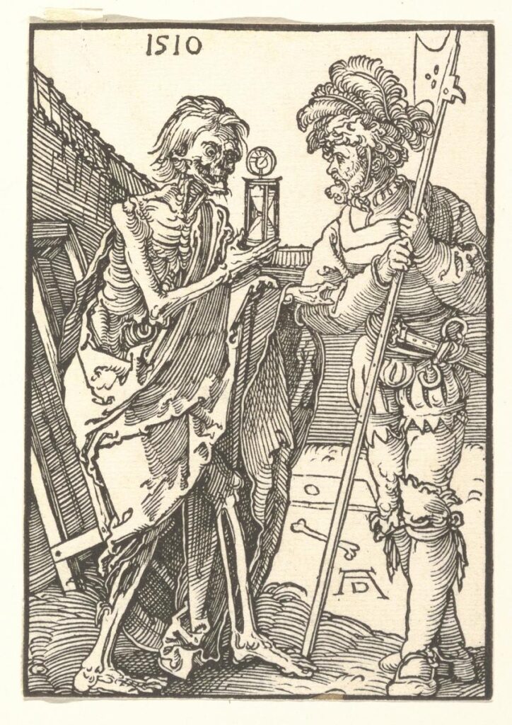 Two standing figures at the foreground within a black border; at left, the character of death as a skeleton in robes, presents the Lansquenet, right, with an hourglass. Dated 1510 at upper left, signed "AD" lower right.
