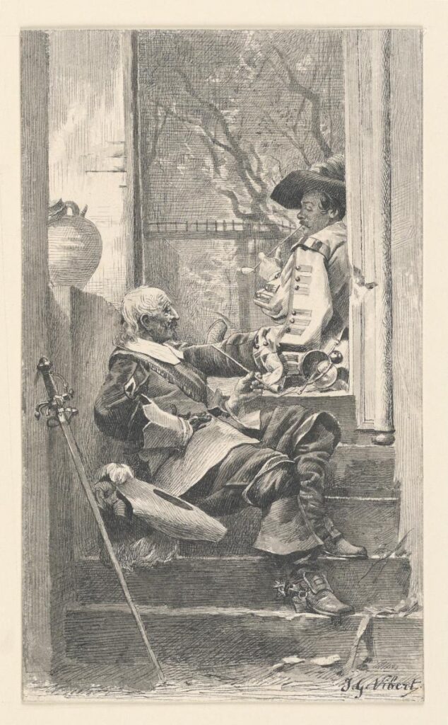 two gentlemen with swords sit on stairs in conversation