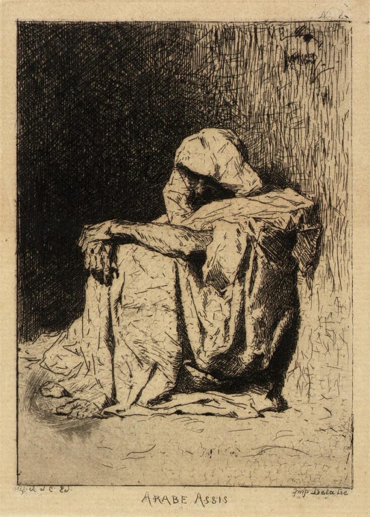 a cloaked figure sits on the ground with their hand on their knees and their face is shadow