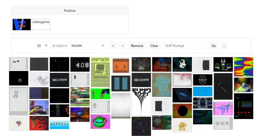 Screenshot of imgs.ai search results for "videogame" and Halo 2600 image in the MoMA collection, showing a grid of abstract and pixel-art thumbnails.