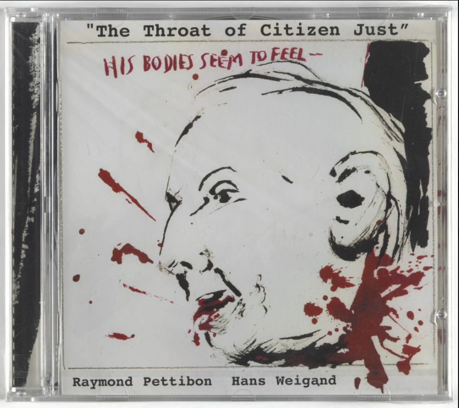 the cover of the cd case shows a mans decapitated head sketched in black on an offwhite background with red blood splattered at the neck and mouth